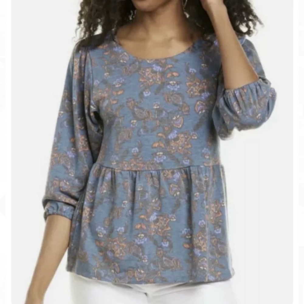 Bobeau Floral Bubble 3/4" Sleeve Peplum Top